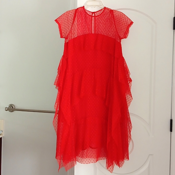 ASOS Dobby Mesh Midi Tshirt Dress withLayered Ruffles red color - Picture 7 of 8